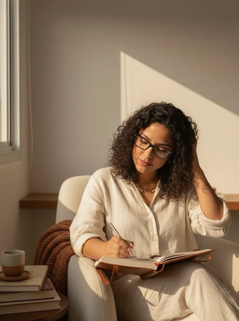 Juliana Vieira Campos escrevendo em caderno durante reflexão.